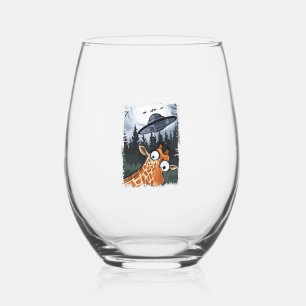 Funny Giraffe UFO Zoo Animal Weird Meme Graphic  _ Stemless Wine Glass