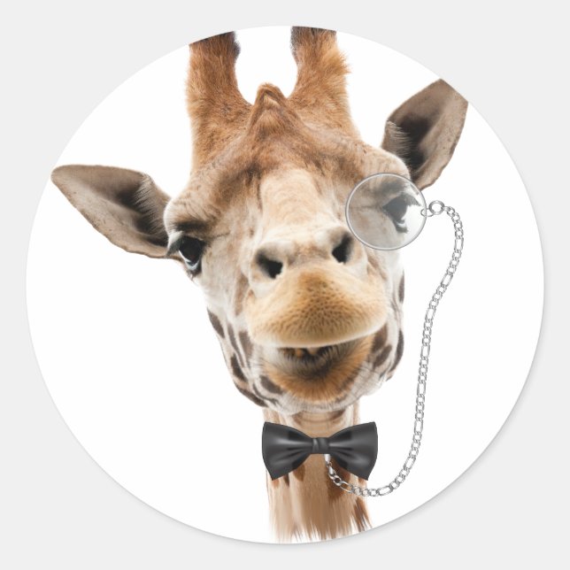 Funny Giraffe with Bowtie and Monocle Classic Round Sticker (Front)
