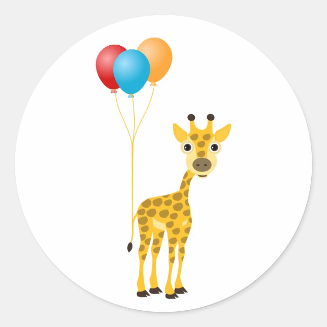 Funny giraffe with colourful balloons classic round sticker (Front)
