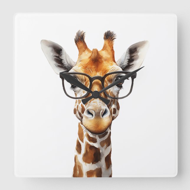 Funny giraffe with glasses square wall clock (Front)