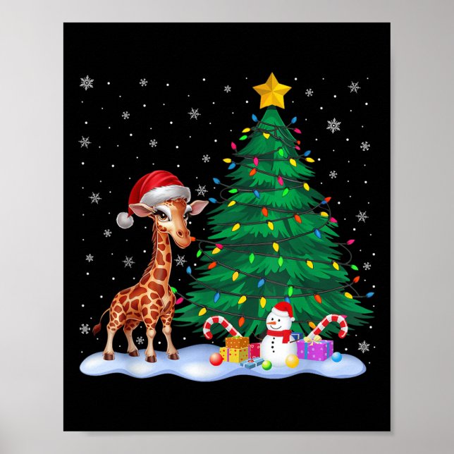 Funny Giraffe Xmas Tree Lights Reindeer Hat Christ Poster (Front)