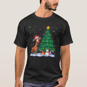 Funny Giraffe Xmas Tree Lights Reindeer Hat Christ T-Shirt