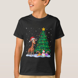 Funny Giraffe Xmas Tree Lights Reindeer Hat Christ T-Shirt