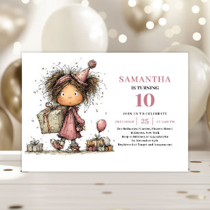 Funny Girl 10th Birthday Invitation Dusty Pink