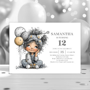 Funny Girl 7th Birthday Black Gold Party invites