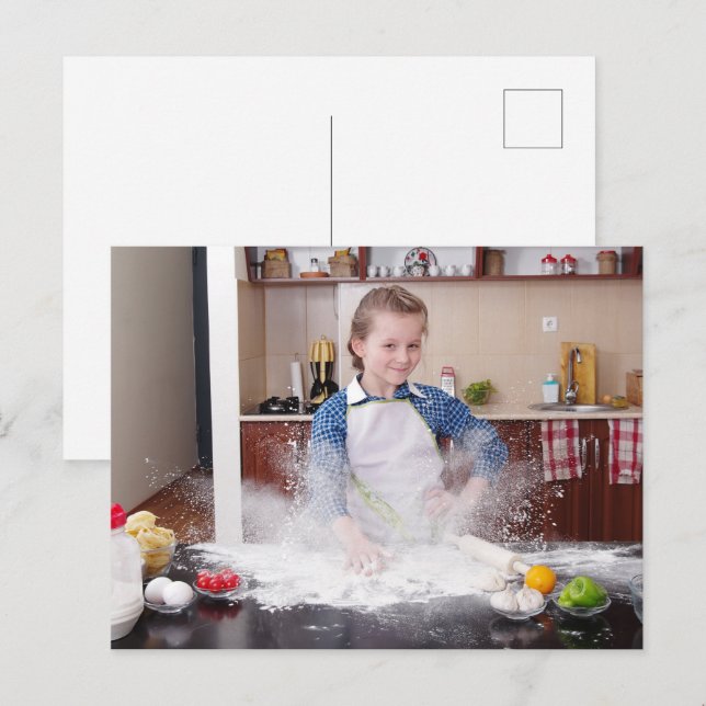 Funny girl in messy kitchen postcard (Front/Back)