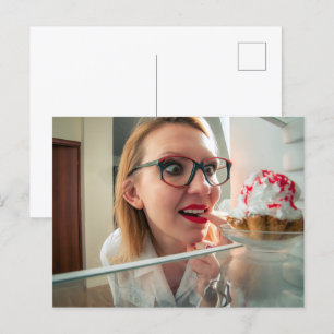 Funny girl looking in refrigerator  postcard
