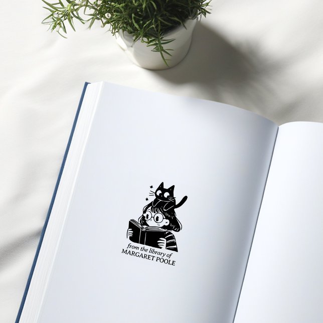 Funny Girl with Cat Bookplate Rubber Stamp (Creator Uploaded)