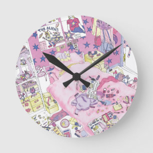 Funny Girls Teenager Bedroom Pink From Above Art Round Clock