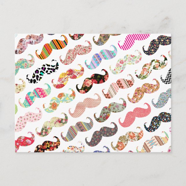 Funny Girly  Colourful Patterns Moustaches Postcard (Front)