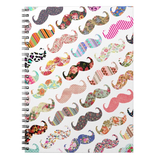 Funny Girly  Colourful Patterns Moustaches Spiral Notebook (Front)