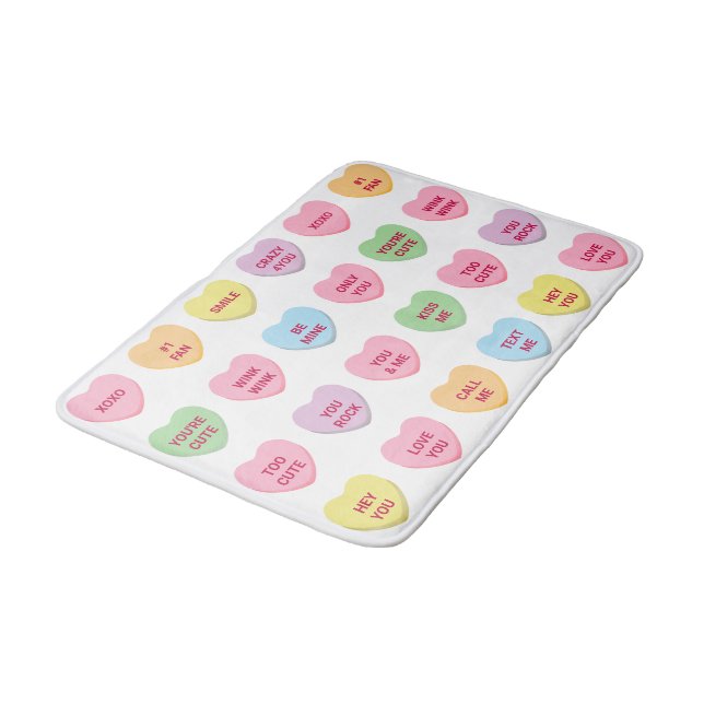 Funny girly cute custom conversation candy hearts bath mat (Angled)