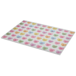 Funny girly cute custom conversation candy hearts cutting board