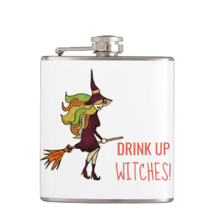 Funny Girly Cute Halloween Witch on Broomstick Hip Flask