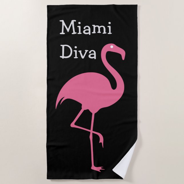 Funny Girly Diva Pink Flamingo Beach Towel (Front)
