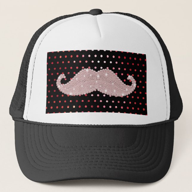 Funny Girly Pink Bling Moustache Polka Dots Trucker Hat (Front)