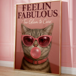 Funny Glam Cat Wall Art Print   Fabulous Pink Cat