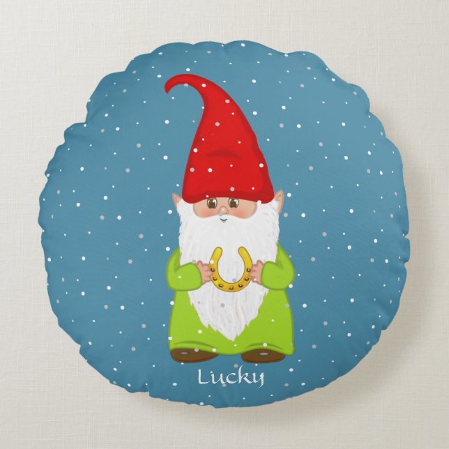 Funny Gnome & Horseshoe on Sapphire Blue Round Cushion (Front)