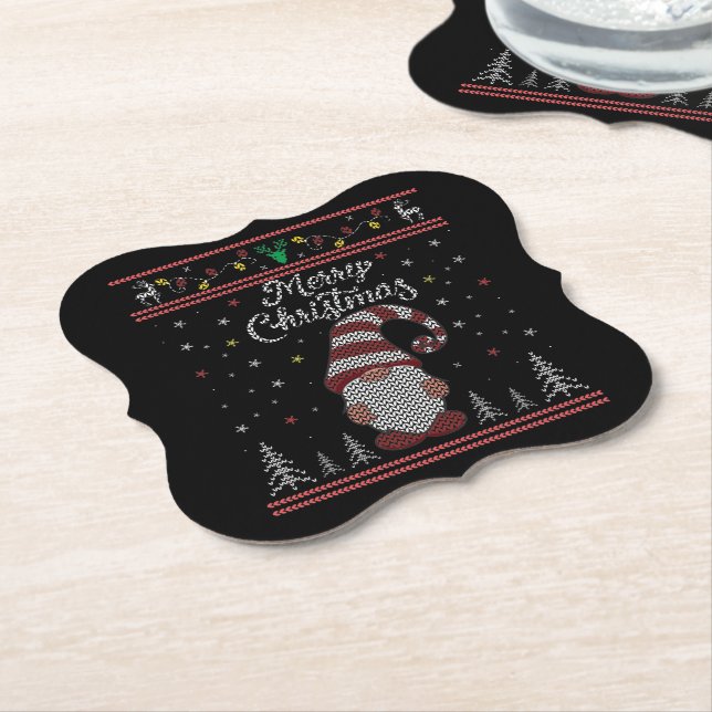 Funny Gnome Merry Christmas Paper Coaster (Angled)