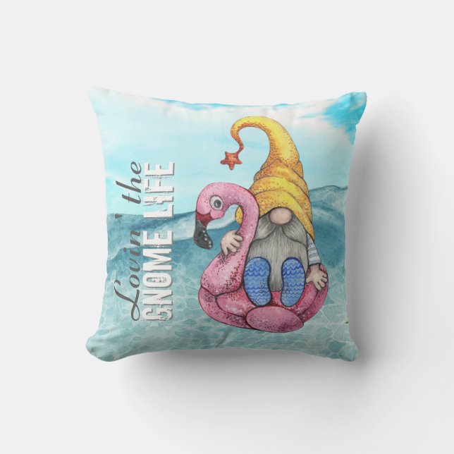 Funny Gnome Pink Flamingo Float Summer Beach Cushion (Front)