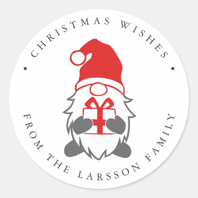 Funny Gnome with Present and santa  hat Classic Round Sticker (Front)