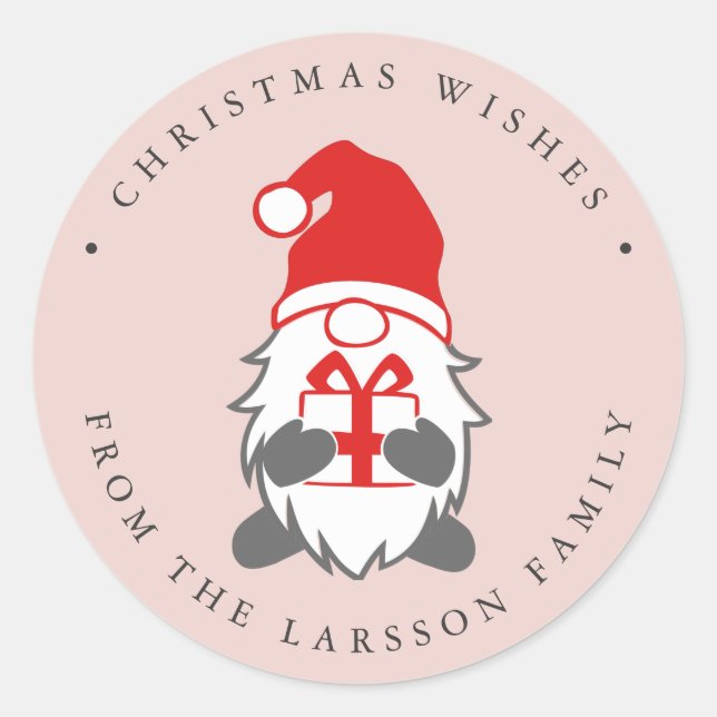 Funny Gnome with Present and Santa hat Pink Classic Round Sticker (Front)