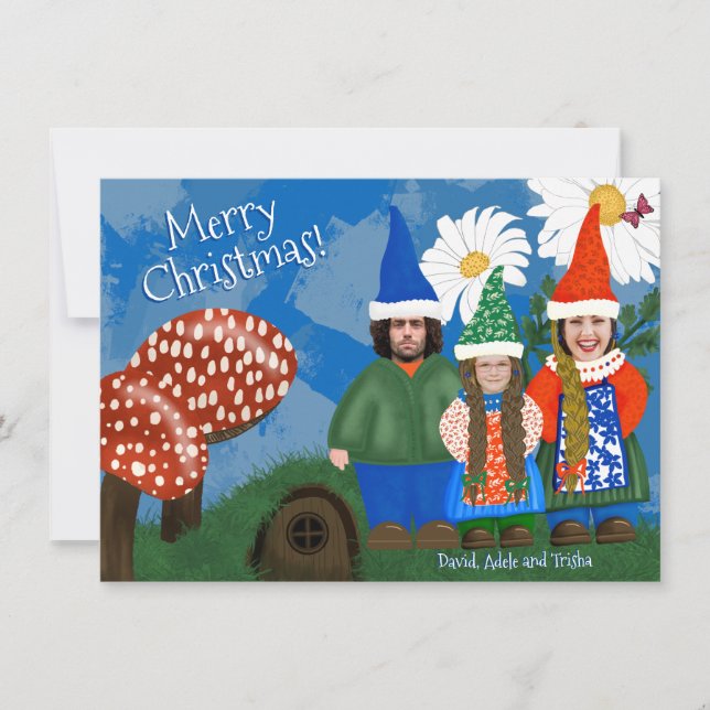 Funny Gnome Your Family of Three Merry Christmas  Holiday Card (Front)
