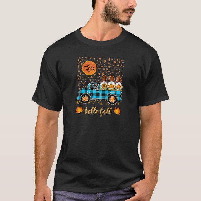Funny Gnomes Holding Pumpkins Riding Truck Autumn  T-Shirt (Front)