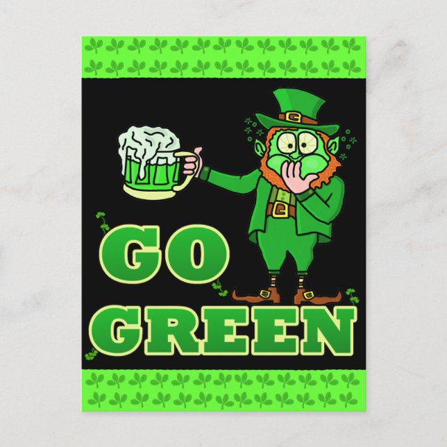 Funny "Go Green" Drinking Leprechaun Postcard (Front)