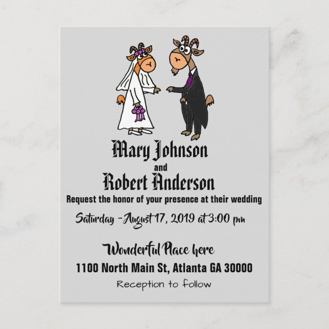 Funny Goat Bride and Groom Wedding Invitation Postcard (Front)