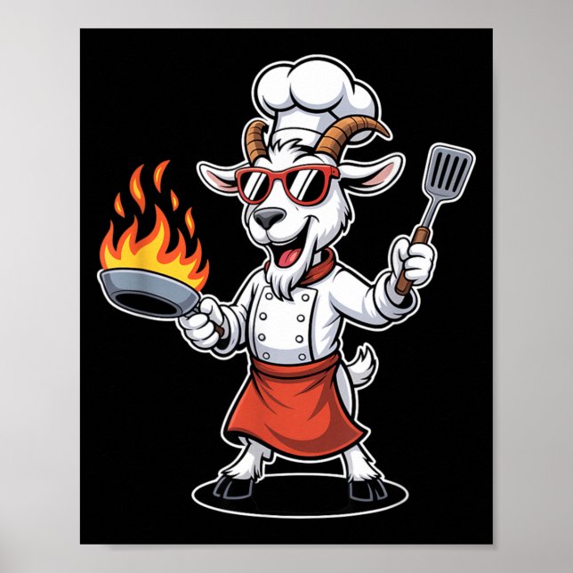 Funny Goat Chef With Pan And Spatula Bbq Poster (Front)