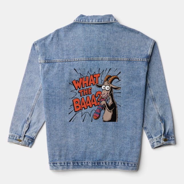 Funny Goat Meme – "What the BAAA?" Hilarious Anima Denim Jacket (Back)
