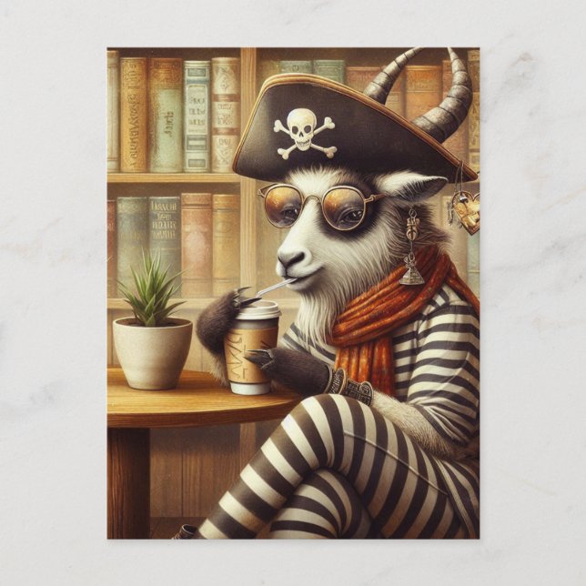 Funny Goat pirate drinking coffee Postcard (Front)