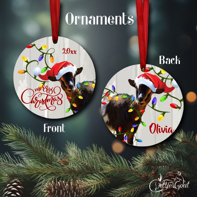 Funny Goat Tangled in Christmas Lights Ornament (Funny silly goat in a Santa hat  tangled in the Christmas lights -  personalize this - #zazzlemade )