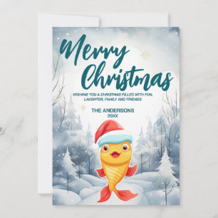 Funny gold fish Merry Xmas tree snow Holiday party Card