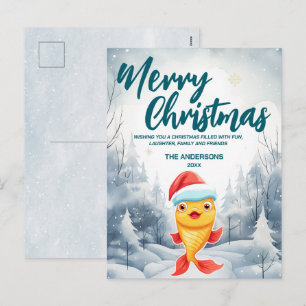 Funny Gold fish Merry Xmas tree snow Holiday party Postcard