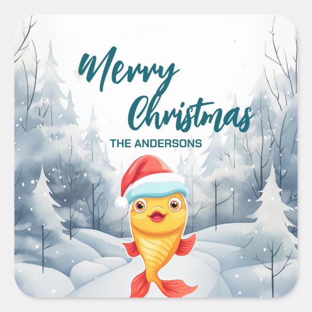 Funny Gold fish Merry Xmas tree snow Holiday party Square Sticker (Front)