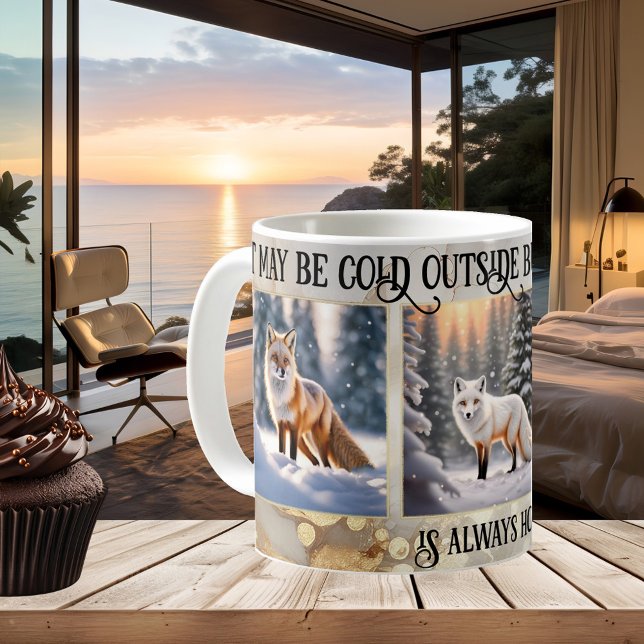 Funny Gold Snow Fox Photo Coffee Mug (Photo mug showing paintings of foxes or your own photos framed by a gold snow artistic design)