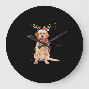 Funny Golden Retriever Christmas Tree Santa Reinde Large Clock