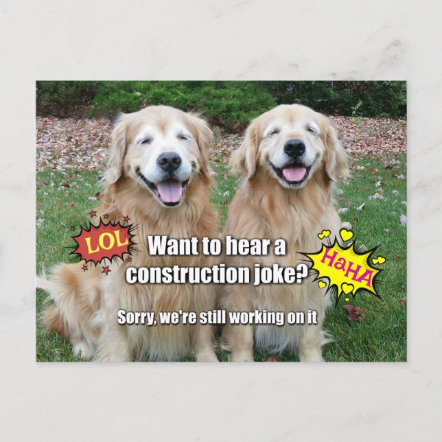 Funny Golden Retriever Construction Joke Meme Postcard (Front)