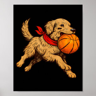 Funny Golden Retriever Dog Playing Basketball Game Poster