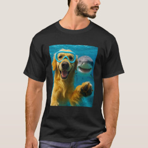 Funny Golden Retriever Dog Selfie with Shark Ocean T-Shirt