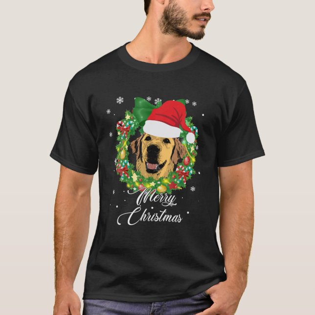 Funny Golden Retriever Dog Snow Christmas Hat Tree T-Shirt (Front)