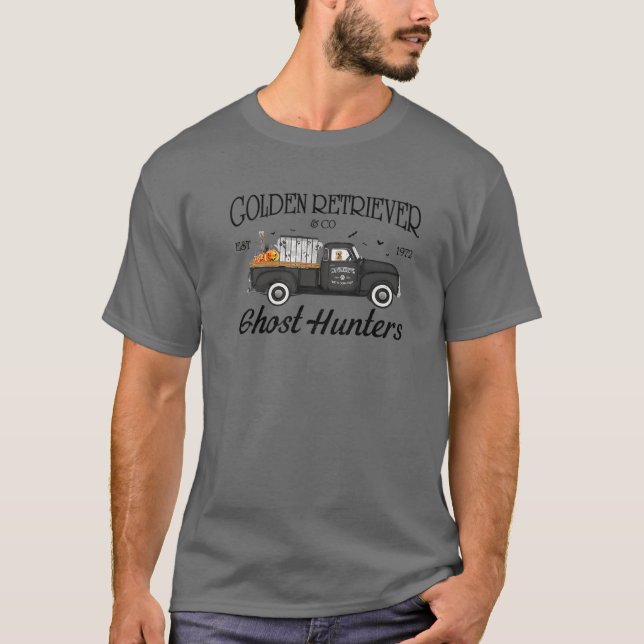 Funny Golden Retriever Ghost Hunting Truck Hallowe T-Shirt (Front)