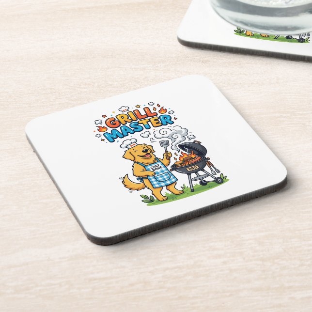 Funny Golden Retriever Grill Master BBQ Graphic Coaster (Left Side)