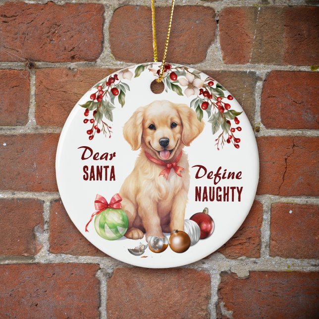 Funny Golden Retriever Pup Define Naughty Holiday Ceramic Tree Decoration (Creator Uploaded)