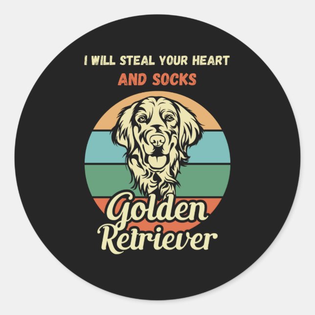 Funny Golden Retriever Sock Thief. Funny Dog Classic Round Sticker (Front)