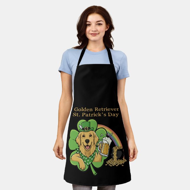 Funny Golden Retriever St. Patrick's Day Leprechau Apron (Worn)