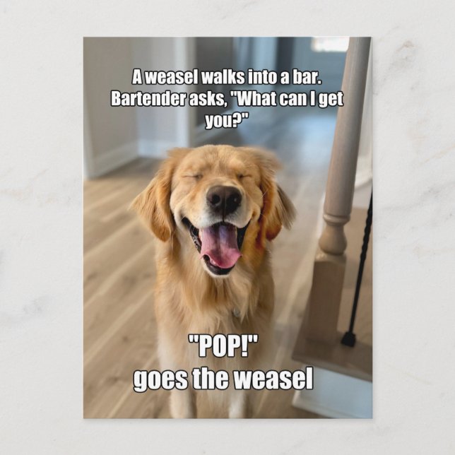 Funny Golden Retriever Weasel Bartender Joke Meme Postcard (Front)
