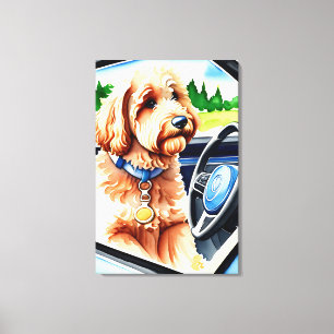Funny Goldendoodle Dog Driving Car Canvas Print